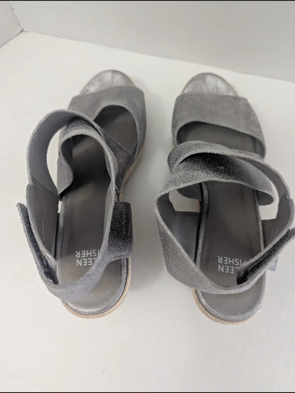 Eileen Fisher Willow Leather Metallic Gray Platform Sandal Open Toe Size 8.5 US